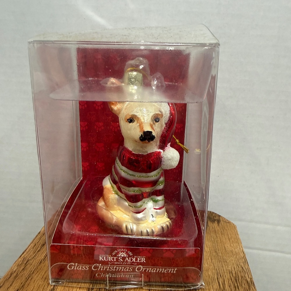 Kurt S Adler‎ Glass Chihuahua Christmas Ornament Red Striped Sweater Santa Hat
